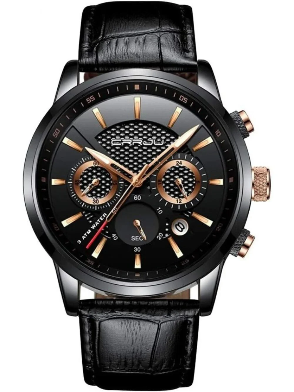 Men's Black Gold Chronograph Leather Strap Quartz Waterproof Classic Wrist Watch